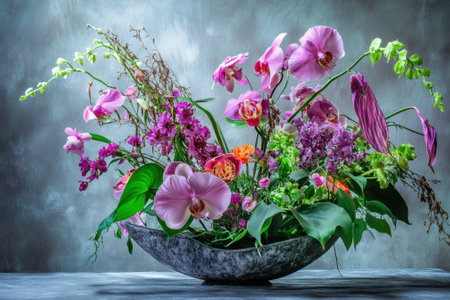 Colorful display of orchids and other blooms in a stylish bowl against a soft, moody backdrop.の写真素材
