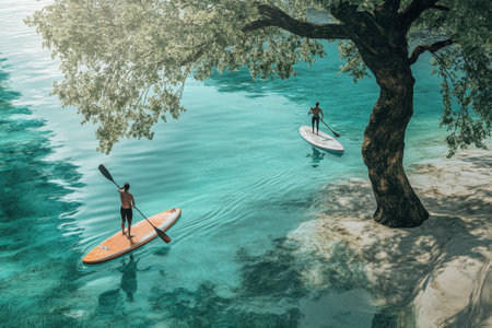 Two individuals are paddleboarding on tranquil blue waters under a sunny sky, surrounded by vibrant trees.の写真素材