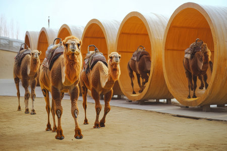 Groups of camels are seen traveling through circular wooden structures at a desert exhibition site.の写真素材