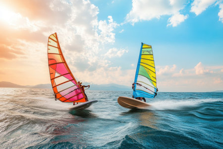 Two windsurfers skillfully navigate the ocean waves under a colorful sky at sunset.の写真素材