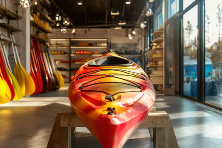 A vibrant red and yellow kayak rests on a stand inside a modern shop, surrounded by various paddles and gear.の写真素材