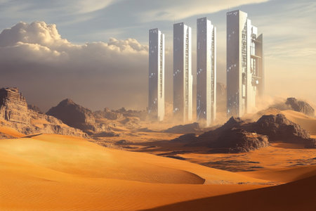 Towering metallic structures emerge in a vast desert, showing advanced architecture against a moody sky.の写真素材