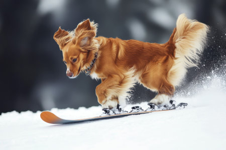 A playful dog skillfully rides on a snowboard while surrounded by scenic winter mountains and fresh snow.の写真素材