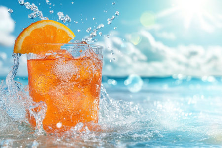 A vibrant orange drink with ice splashes in clear blue water, surrounded by sunlight and soft clouds.の写真素材