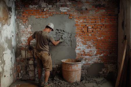 Construction worker applies a coat of plaster on a brick wall during a building renovation.の写真素材