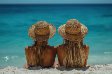 Friends sit together on the sand, wearing straw hats and taking in the beautiful ocean view.の写真素材