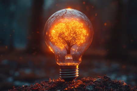 A glowing tree inside a lightbulb illuminates the forest floor in magical twilight, symbolizing creativity and life.の写真素材