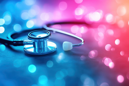 A stethoscope rests on a surface illuminated by vibrant, colorful bokeh lights in a clinical environment.の写真素材