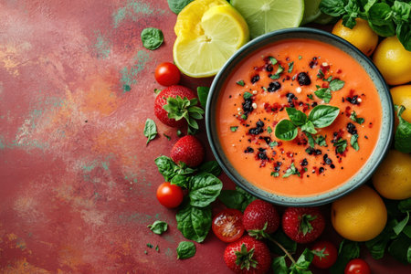 Fresh tomato soup topped with herbs, paired with lemons and strawberries, elevates the dining experience.の写真素材
