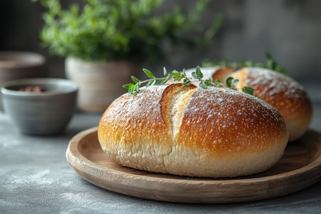 Two golden-brown bread loaves rest on a wooden plate, garnished with fresh herbs in a warm kitchen.の写真素材