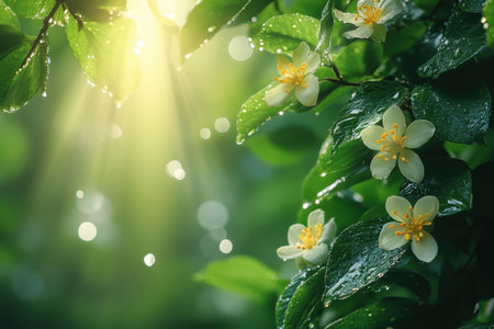 Soft sunlight illuminates fresh green leaves and delicate white flowers adorned with glistening raindrops.の素材