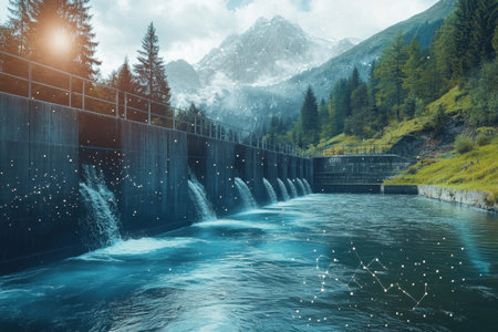 Water cascades over a dam into a river, with mountains and lush trees framing the peaceful landscape.の写真素材