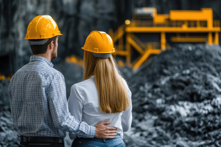 A couple stands together in a mining area, both wearing hard hats, while looking at the operations ahead.の写真素材