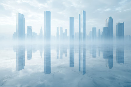 Tall skyscrapers rise above a calm, misty landscape, creating a serene and ethereal atmosphere.の写真素材