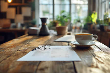 A warm cup of coffee sits next to reading materials on a rustic wooden table in a bright cafÃ©.の写真素材