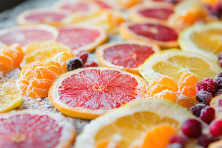 Various sliced fruits are artfully arranged with powdered sugar, showing bright colors and textures.の写真素材