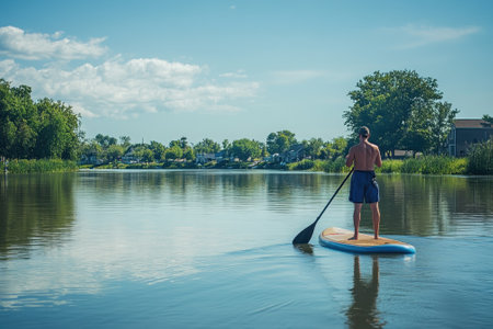 A man stands on a paddleboard, gliding across a serene lake under clear blue skies, surrounded by greenery.の写真素材