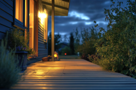 Soft evening light spills from a house, illuminating the wooden walkway lined with greenery at dusk.の写真素材