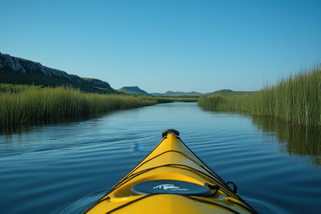 A bright yellow kayak glides along calm waters, framed by tall grasses and distant hills under a blue sky.の写真素材