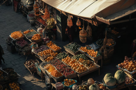 Fresh fruits and vegetables are displayed at a lively market on a sunny afternoon, attracting many shoppers.の写真素材