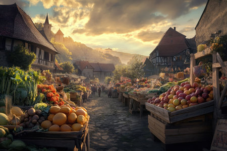 Stalls filled with colorful fruits and vegetables line a quaint marketplace at sunset, creating a lively atmosphere.の写真素材