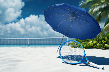 Relaxing beach setting with a tennis racket and sunny blue umbrella, perfect for a day of fun and sports.の写真素材