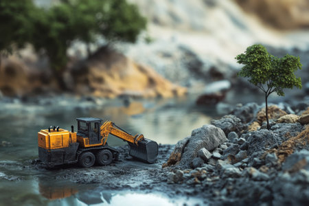 A small excavator operates near the shore, moving earth and rocks while surrounded by trees and water.の写真素材