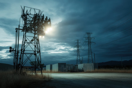 Bright floodlights illuminate a construction site as dark clouds gather, casting an evening glow on equipment.の写真素材