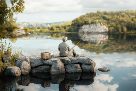 A calm fishing day unfolds as a man sits on rocks by a tranquil lake, surrounded by vibrant trees.の写真素材