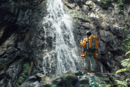 A hiker stands on a rock, captivated by the beauty of a cascading waterfall surrounded by vibrant greenery.の写真素材