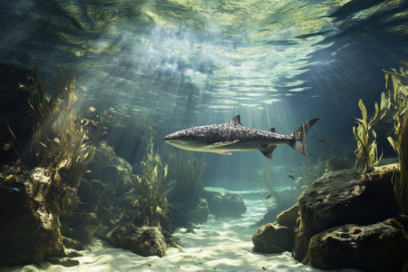 A stunning shark glides through an underwater landscape filled with sea plants and rocks, illuminated by sunlight.の写真素材