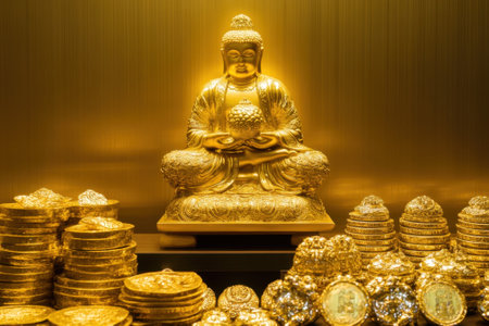 A golden Buddha statue holds a sphere, surrounded by shimmering gold coins and decorative items in a peaceful ambiance.の写真素材