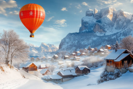 A colorful hot air balloon floats above a picturesque village, surrounded by snow-covered mountains in winter.の写真素材