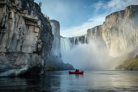 A colorful raft floats on a calm river while tall waterfalls crash nearby, creating mist and sunlight.の写真素材
