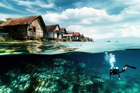 A diver swims through clear waters, revealing a colorful coral reef beneath a stilted village.の写真素材