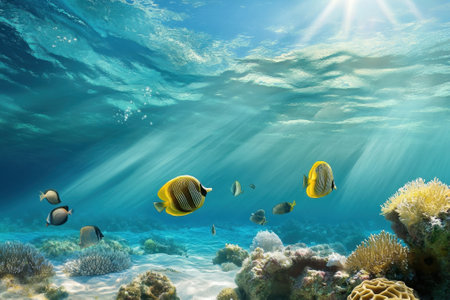 Tropical fish glide gracefully among corals, illuminated by sunlight filtering through clear water.の写真素材