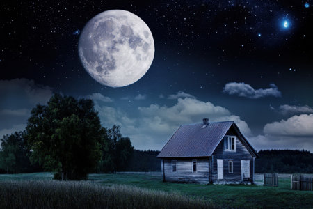A serene landscape showcases a bright full moon illuminating a small wooden house amidst a quiet rural setting.の写真素材