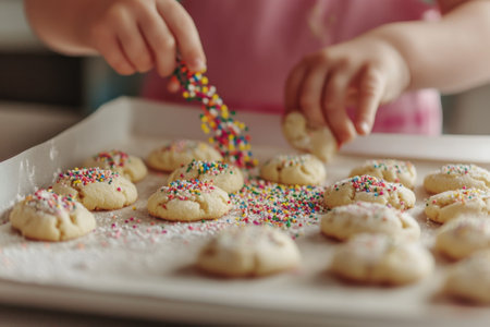 Young hands sprinkle colorful decorations on freshly baked cookies in a cozy kitchen setting.の写真素材
