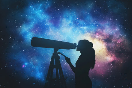 Woman observes the night sky through a telescope, surrounded by a colorful cosmic backdrop filled with stars.の写真素材
