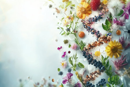 A vibrant display of flowers, fruits, and plants creatively arranged to mimic a DNA helix.の写真素材