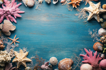 A vibrant collection of seashells and corals is beautifully arranged on a blue wooden surface.の写真素材