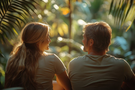 A couple sits closely in a tropical setting, sharing a joyful conversation surrounded by vibrant foliage.の写真素材