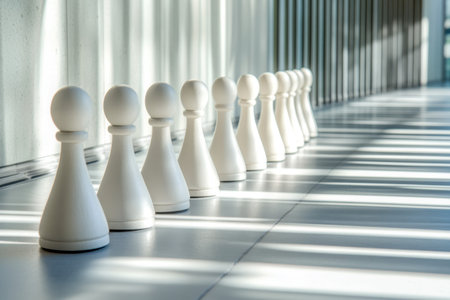A series of oversized white chess pawns positioned in a row, illuminated by soft sunlight through slats.の写真素材