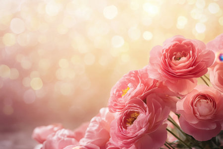 Delicate pink blooms are clustered together, glowing softly on a gentle, sparkling background.の写真素材