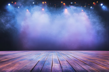 A wooden stage is illuminated by colorful lights with fog, ready for a captivating performance event.の写真素材