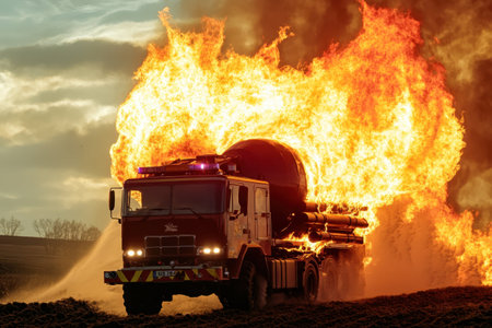 A massive fire engulfs a truck as firefighters work to control the flames in an open field.の写真素材