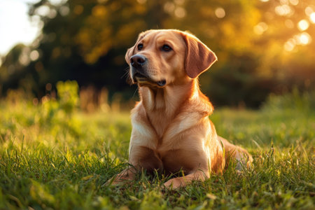 A golden retriever lounges peacefully on the grass, enjoying the warm sunlight of a late afternoon.の写真素材