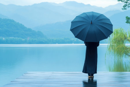 A person holding a blue umbrella gazes over the tranquil water surrounded by mountains at dusk.の写真素材