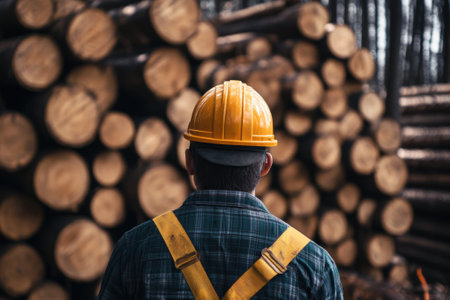 A worker in a hard hat surveys rows of cut logs in a forest setting, preparing for transportation.の写真素材
