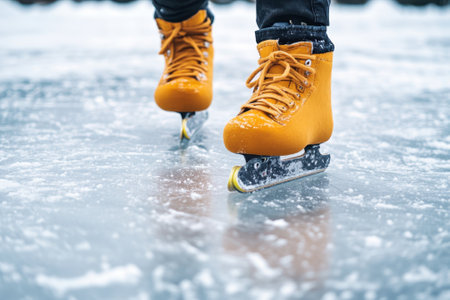 Bright orange skates slice through the smooth ice as the skater enjoys a winter day outdoors.の写真素材